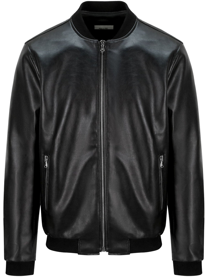 Men's Black Vegan Leather Bomber Jacket