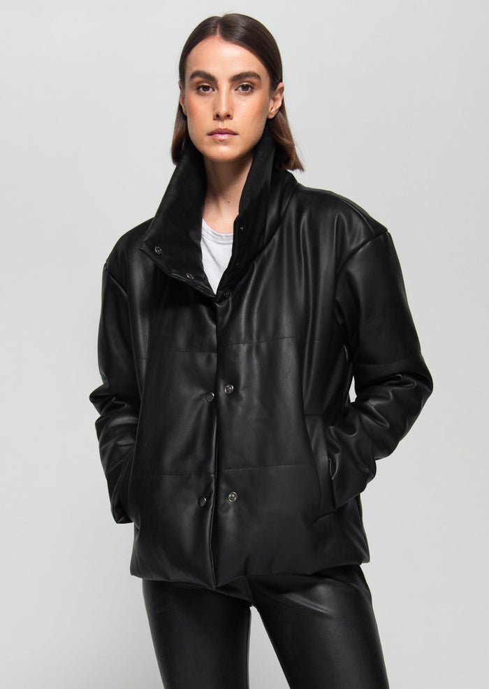 Vegan Leather Black Puffer Jacket | Black, Dauntless,  Liv & Grace vegan